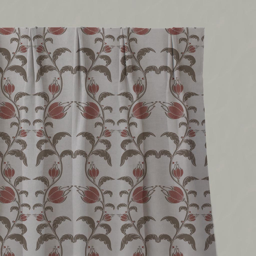 Red and Brown Patterned Linen Pleated Curtain - Dana Red Pebble - Natural base fabric.
