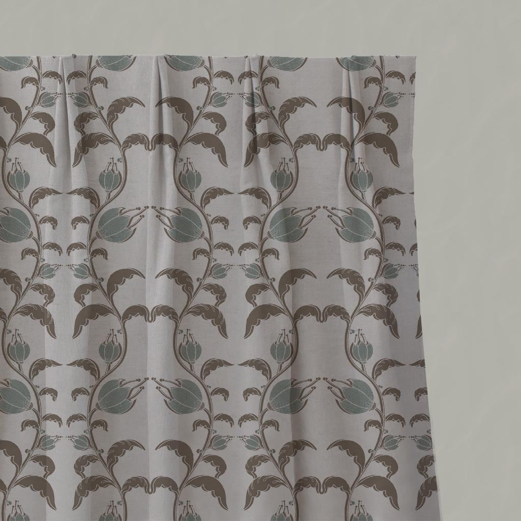Green and Brown Patterned Linen Gathered Curtain - Dana Sage Pebble - Natural base fabric.