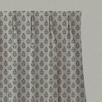 Green Floral Linen Pleated Curtain - Doris Khaki - Natural base fabric.