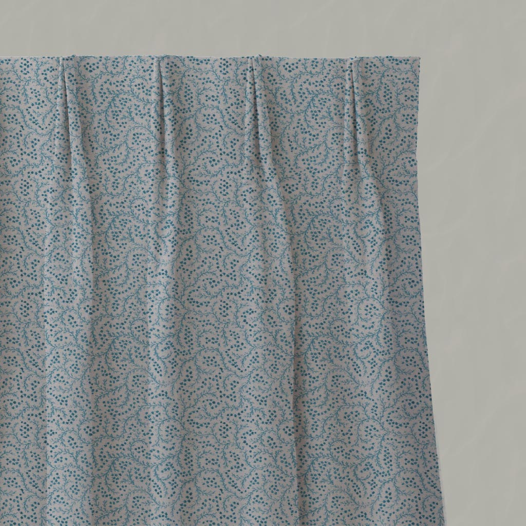 Blue Abstract Linen Pleated Curtain - Freeda Blue Stone - Natural base fabric.