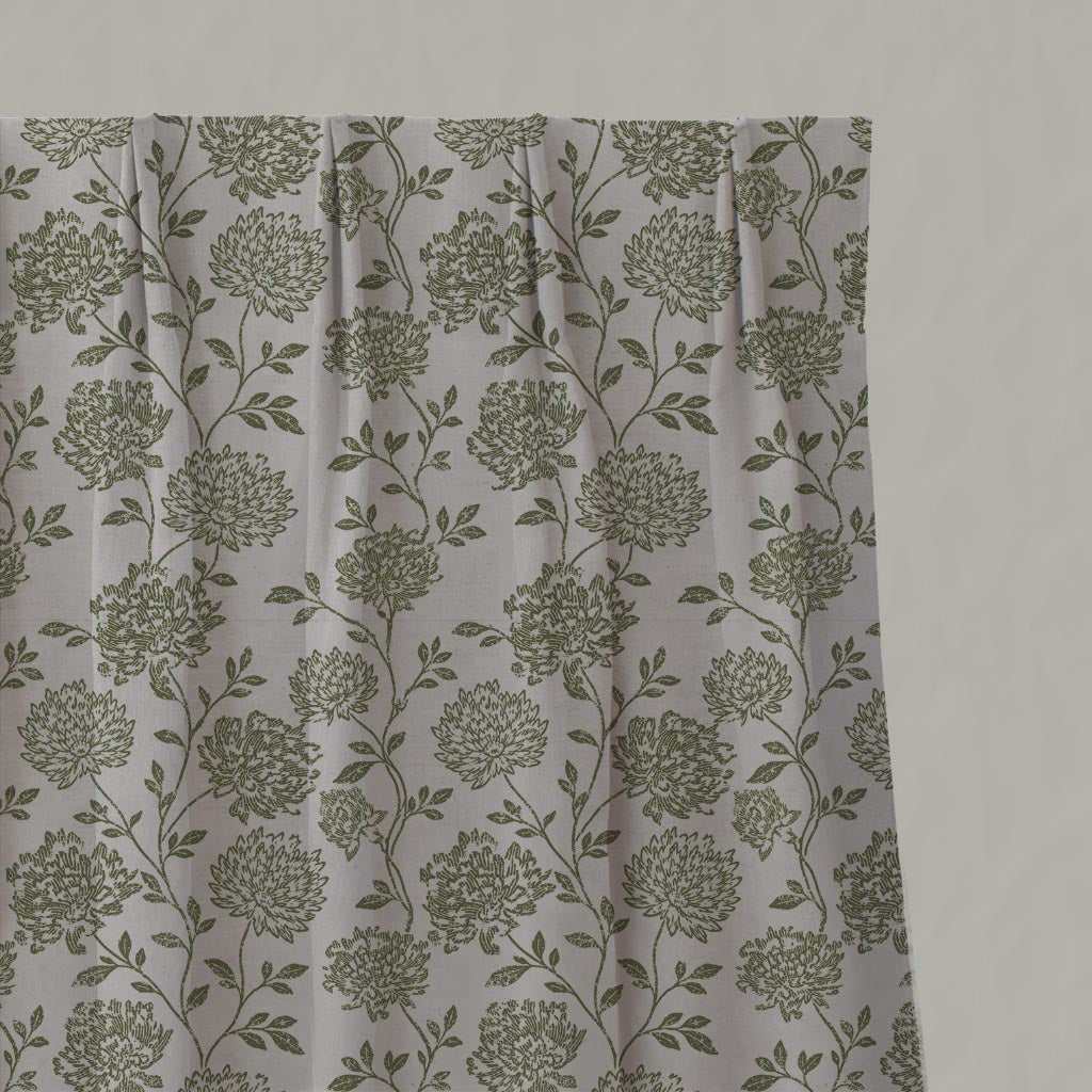 Green Floral Linen Pleated Curtain - Hulsey Khaki - Natural base fabric.