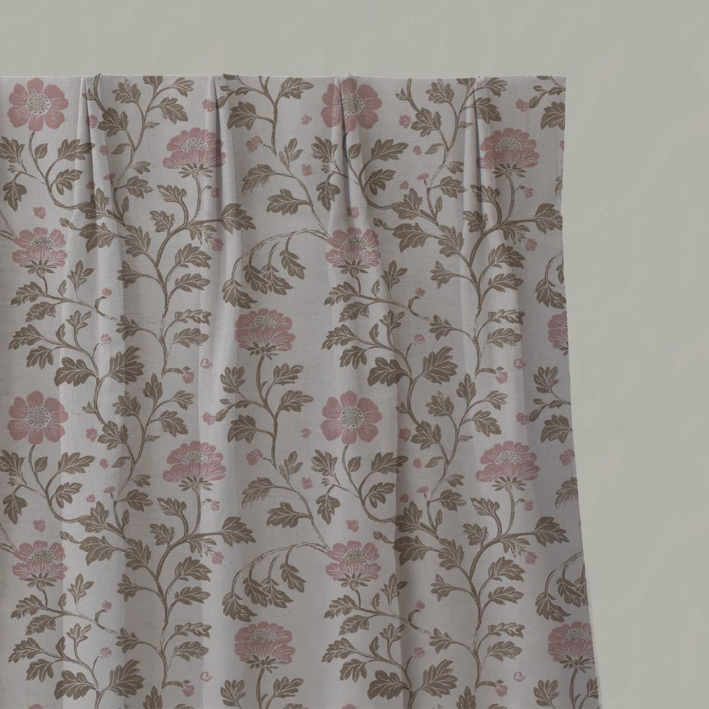 Pink Floral Linen Pleated Curtain - Islie Dusty Pink - Natural base fabric.
