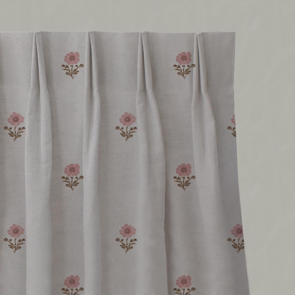 Pink and Brown Floral Linen Pleated Curtain - Ksandra Pink Sand - Natural base fabric.