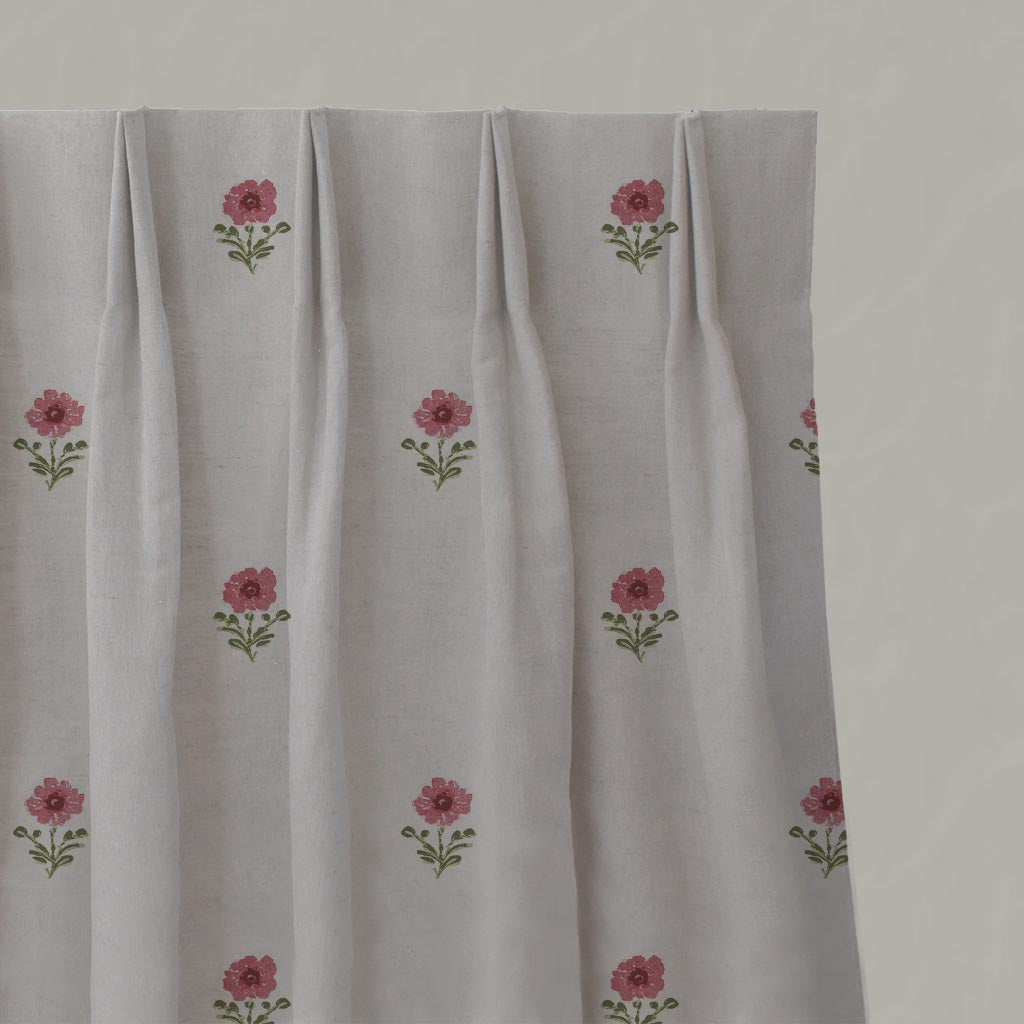 Red Floral Linen Pleated Curtain - Ksandra Red - Natural base fabric.