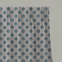 Blue Abstract Floral Linen Pleated Curtain - Lany Blue Stone - Natural base fabric.