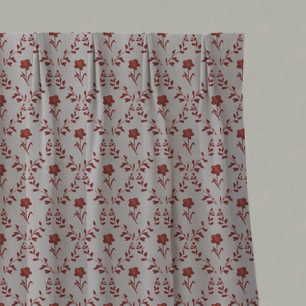Red Botanical Linen Pleated Curtain - Lulani Crimson Red - Natural base fabric.