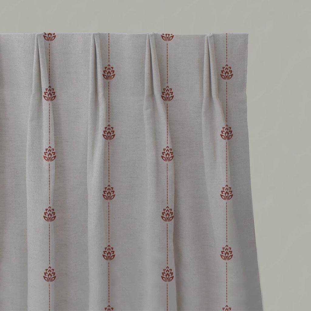 Red Patterned Stripe Linen Pleated Curtain - Maybel Crimson Red - Natural base fabric.
