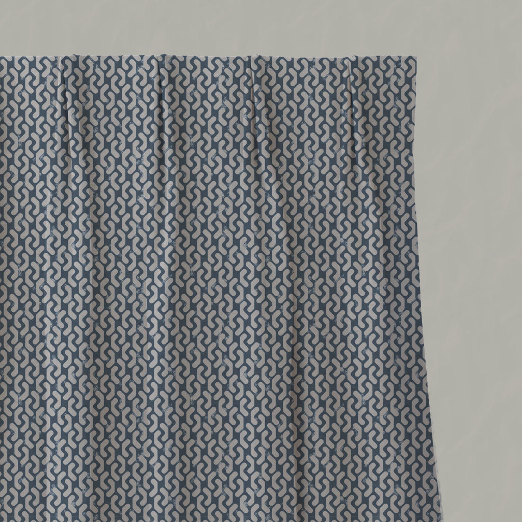Blue Patterned Linen Pleated Curtains - Arina Denim - Natural base fabric.