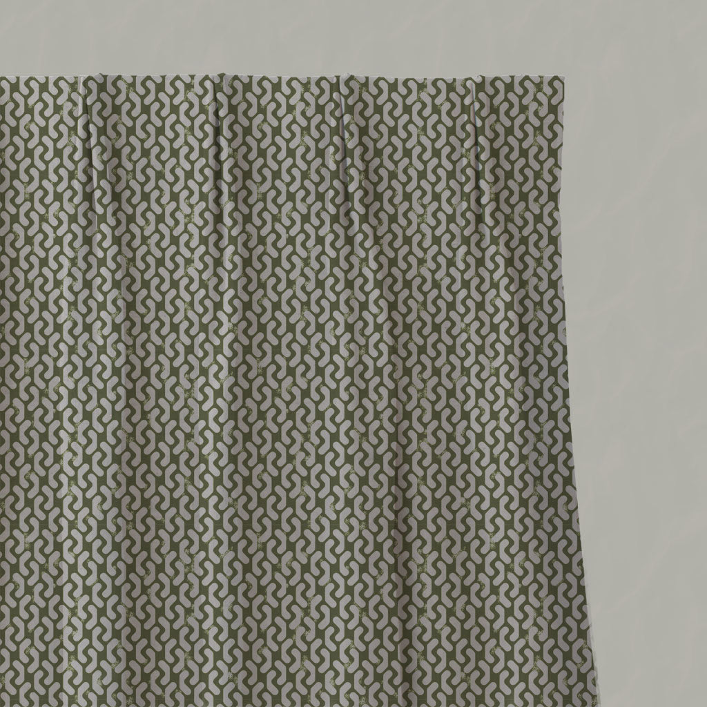 Green Patterned Linen Pleated Curtains - Arina Khaki - Natural base fabric.