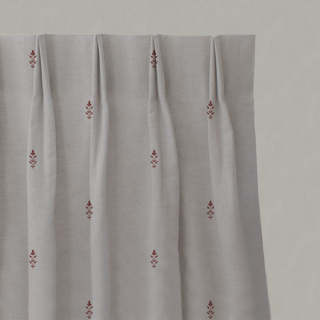 Red Floral Linen Pleated Curtains - Asli Crimson Red - Natural base fabric.