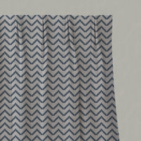 Blue Patterned Linen Pleated Curtains - Azig Denim - Natural base fabric.