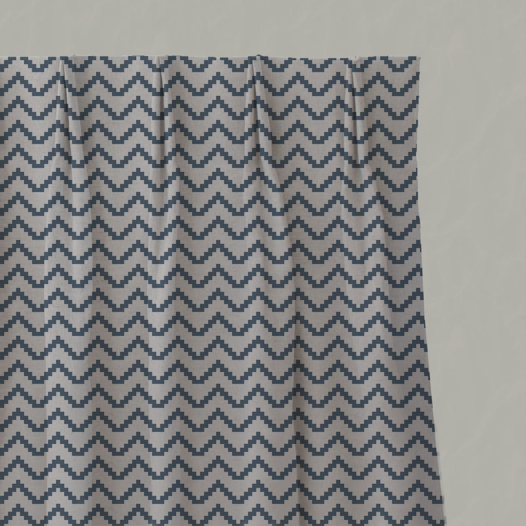 Blue Patterned Linen Pleated Curtains - Azig Denim - Natural base fabric.