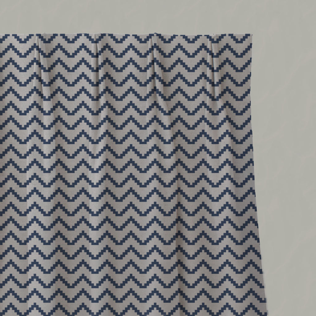 Blue Patterned Linen Pleated Curtains - Azig NightBlue - Natural base fabric.