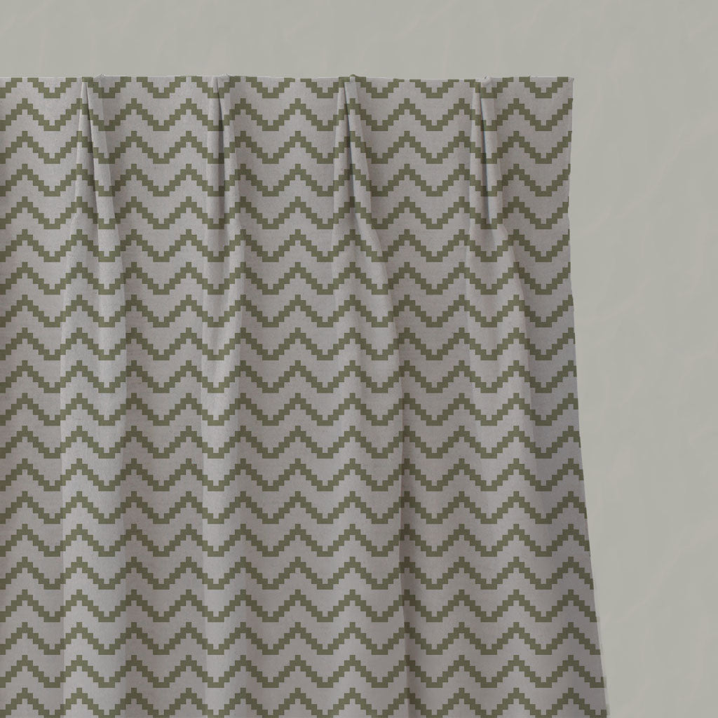 Green Patterned Linen Pleated Curtains - Azig Olive - Natural base fabric.