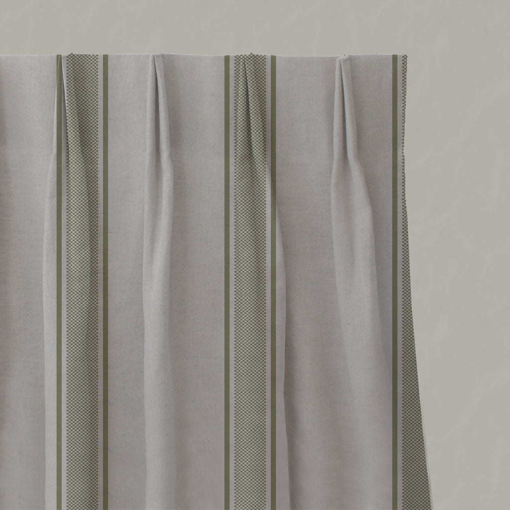 Green Striped Linen Pleated Curtains - Bella Olive - Natural base fabric.