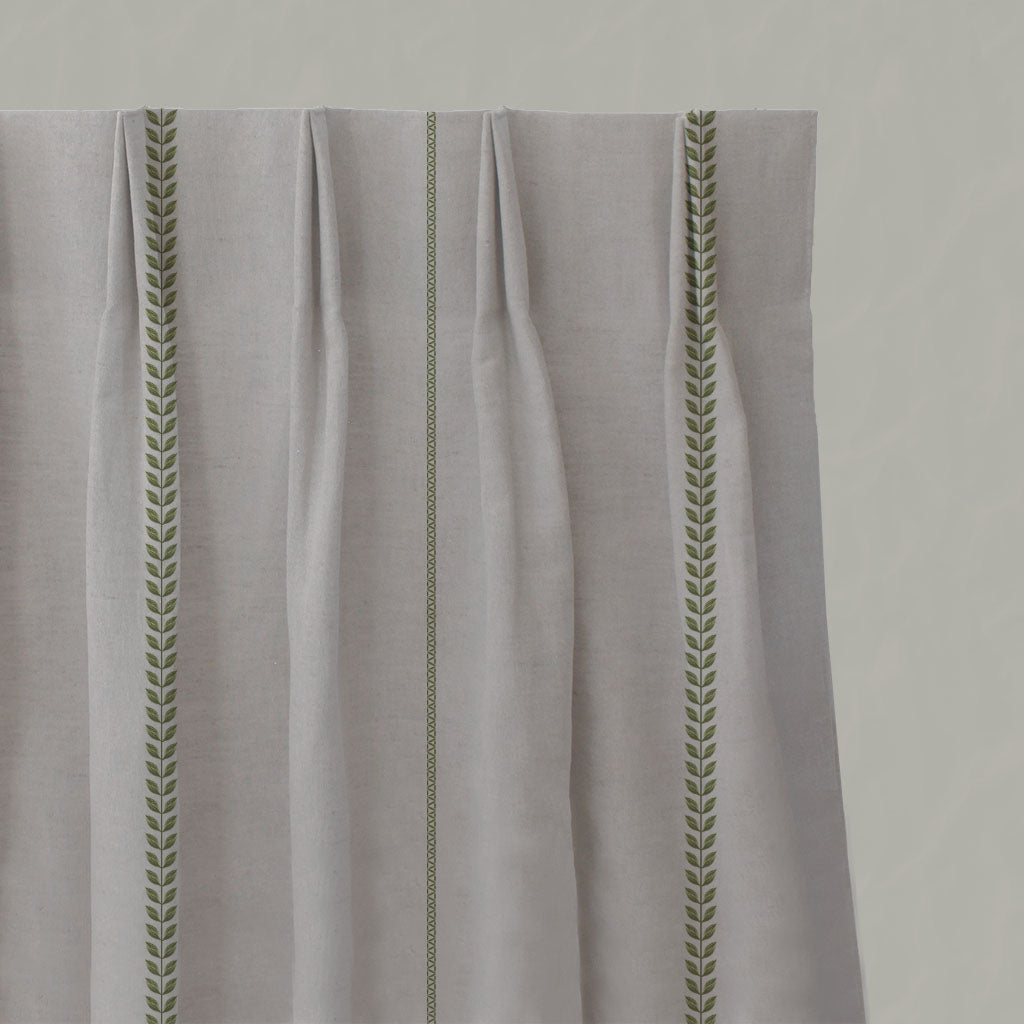 Green Striped Linen Pleated Curtains - Berit-NAT Khaki - Natural base fabric.