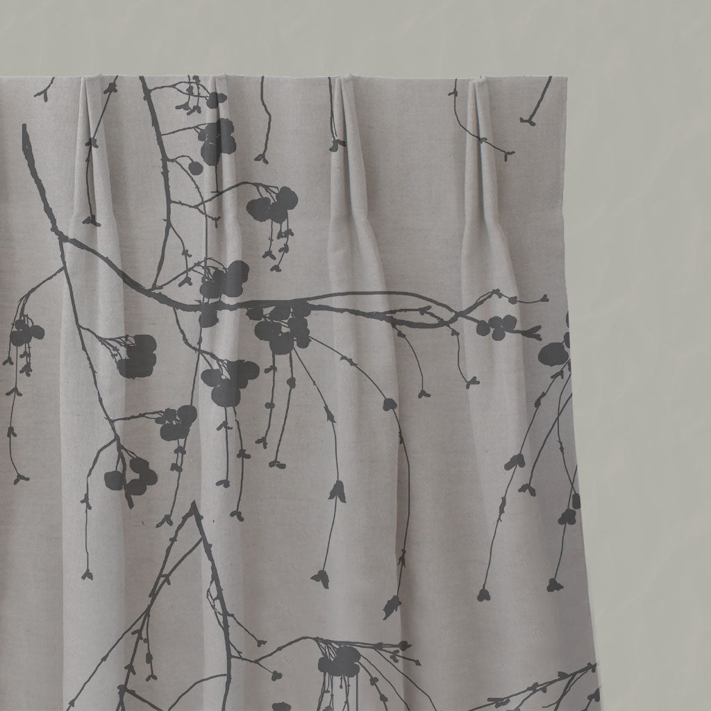Grey Botanical Linen Pleated Curtains - Berry Ash - Natural base fabric.