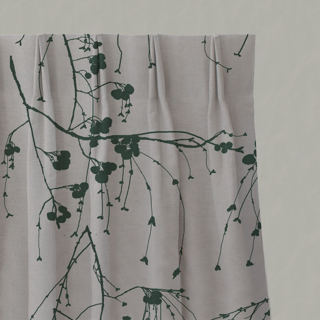Green Botanical Linen Pleated Curtains - Berry Dark Pine - Natural base fabric.