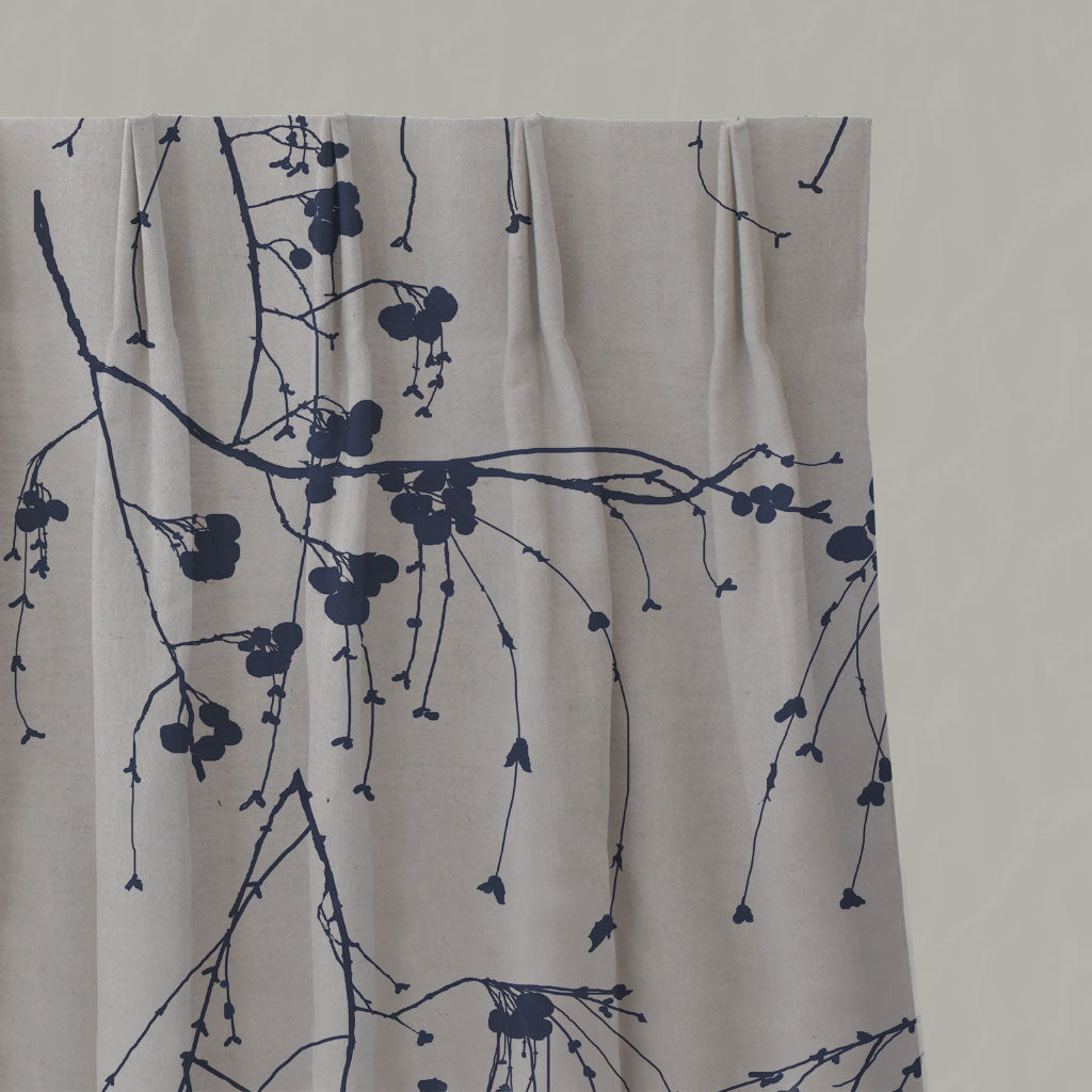 Blue Botanical Linen Pleated Curtains - Berry Deep Blue - Natural base fabric.