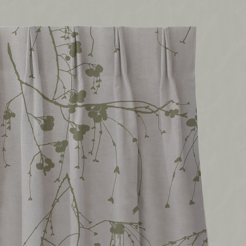 Green Botanical Linen Pleated Curtains - Berry Olive - Natural base fabric.