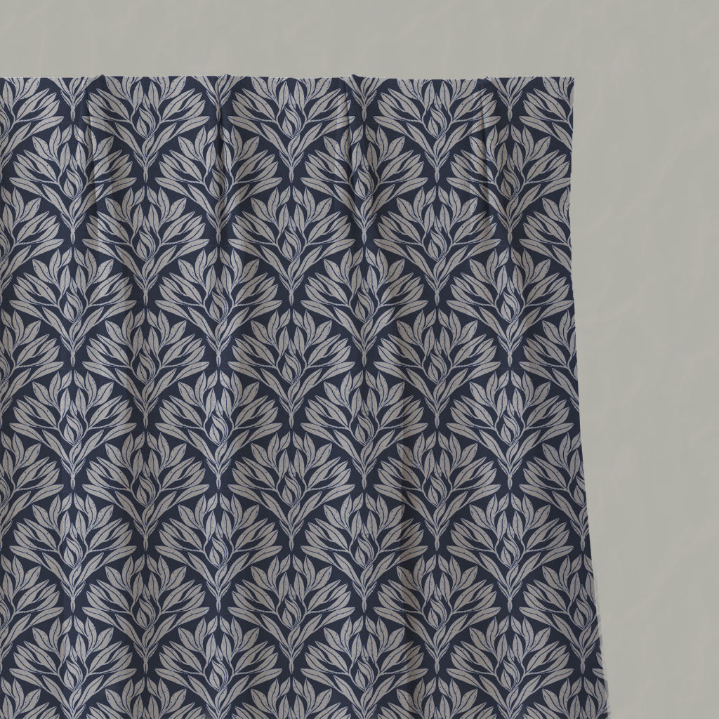 Blue Botanical Linen Pleated Curtains - Birna Deep Blue - Natural base fabric.