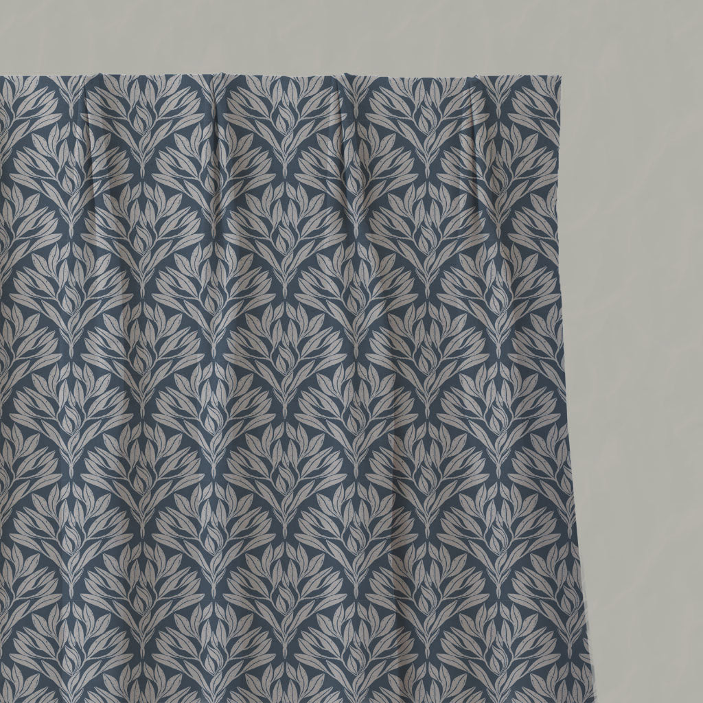 Blue Botanical Linen Pleated Curtains - Birna Denim - Natural base fabric.