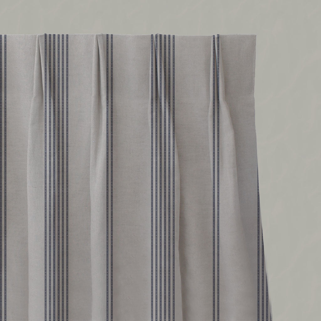 Blue Striped Linen Pleated Curtains - Brea Deep Blue - Natural base fabric.
