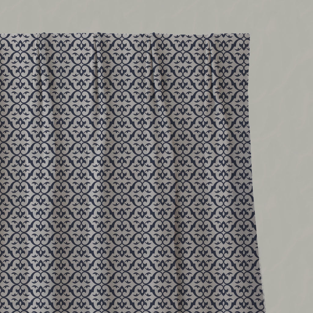 Blue Patterned Linen Pleated Curtains - Brita Deep Blue - Natural base fabric.