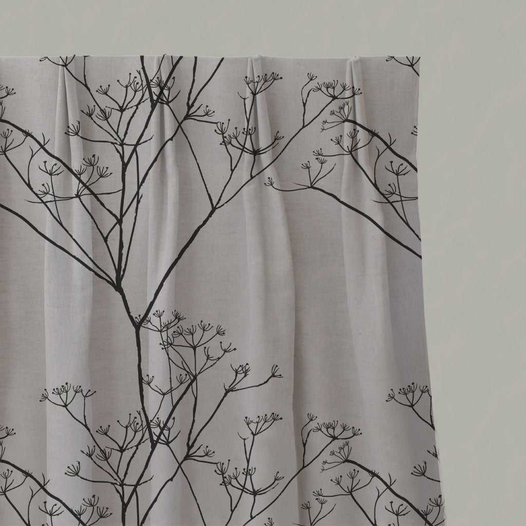 Black Floral Linen Pleated Curtains - Chervil Black - Natural base fabric.