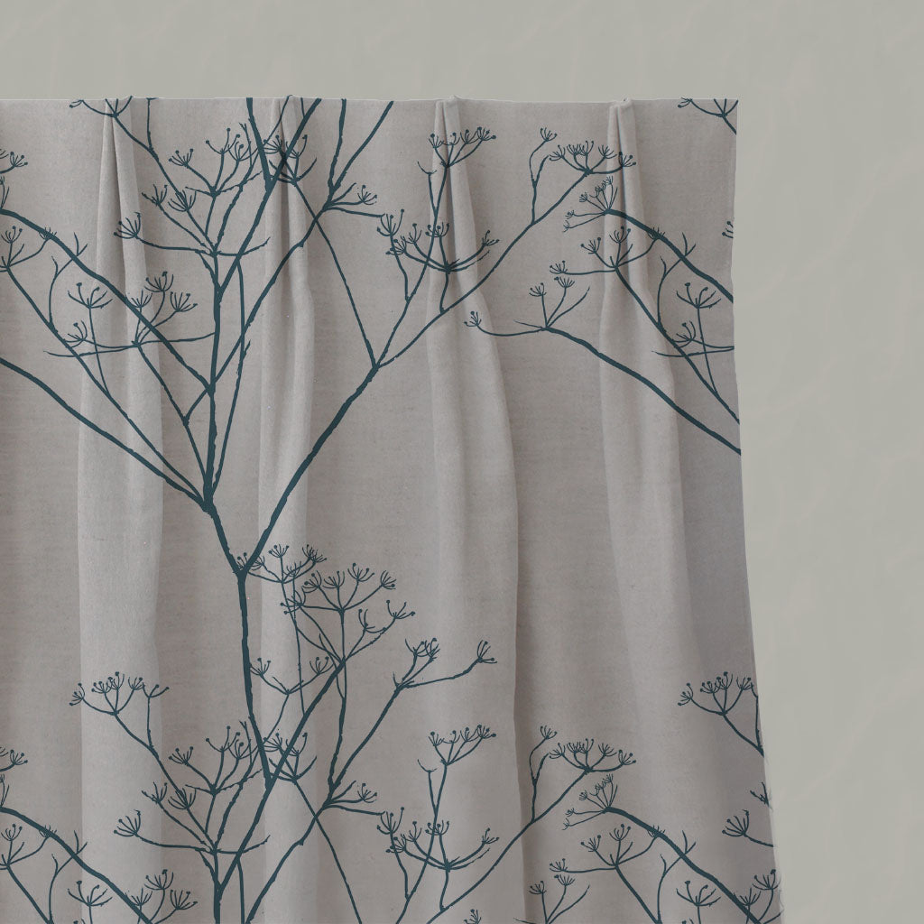 Blue Floral Linen Pleated Curtains - Chervil Blue Stone - Natural base fabric.
