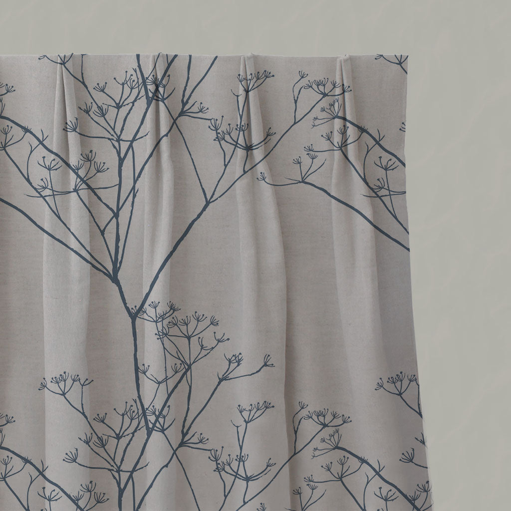 Blue Floral Linen Pleated Curtains - Chervil Denim - Natural base fabric.