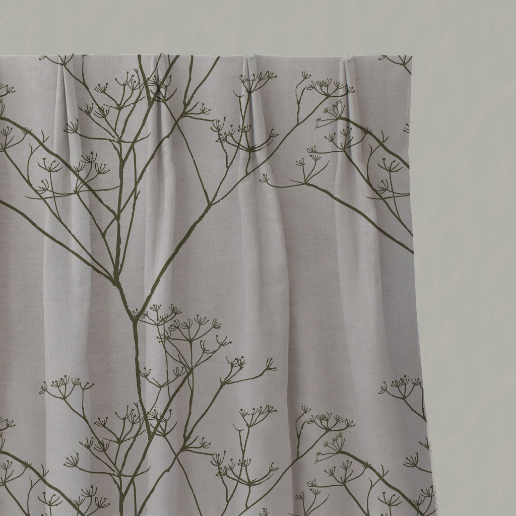 Green Floral Linen Pleated Curtains - Chervil Sea Weed - Natural base fabric.