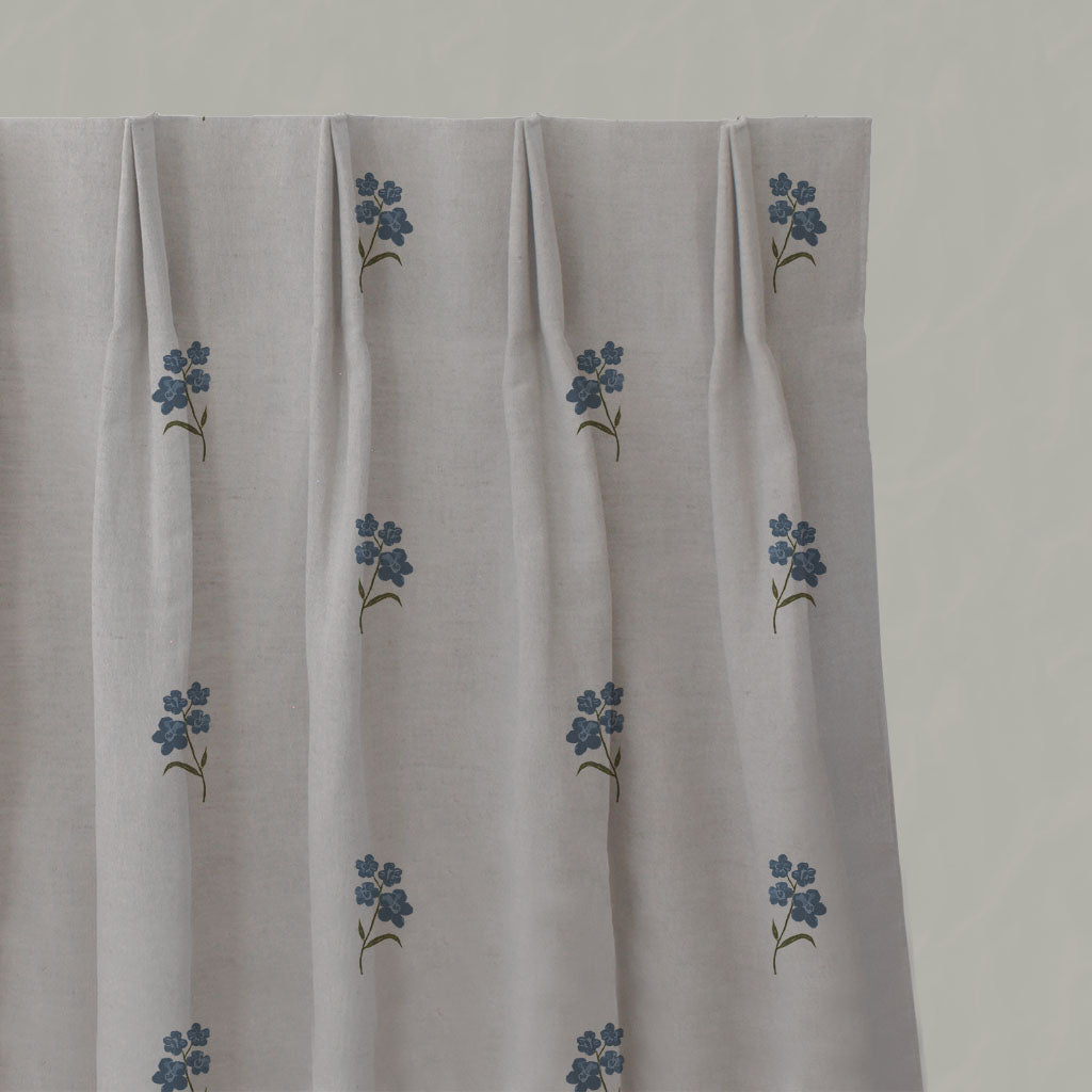Blue Floral Linen Pleated Curtains - Cree Denim - Natural base fabric.