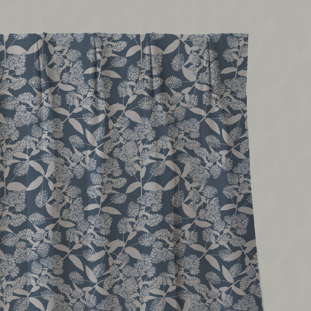 Blue Floral Linen Pleated Curtains - Dagmar-INV Denim - Natural base fabric.