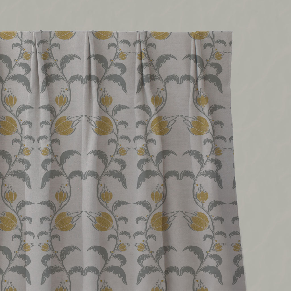 Yellow Floral Linen Pleated Curtains - Dana Mustard - Natural base fabric.