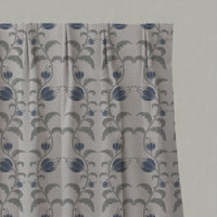 Blue Floral Linen Pleated Curtains - Dana Night Blue - Natural base fabric.