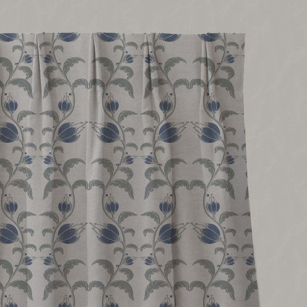 Blue Floral Linen Pleated Curtains - Dana Night Blue - Natural base fabric.