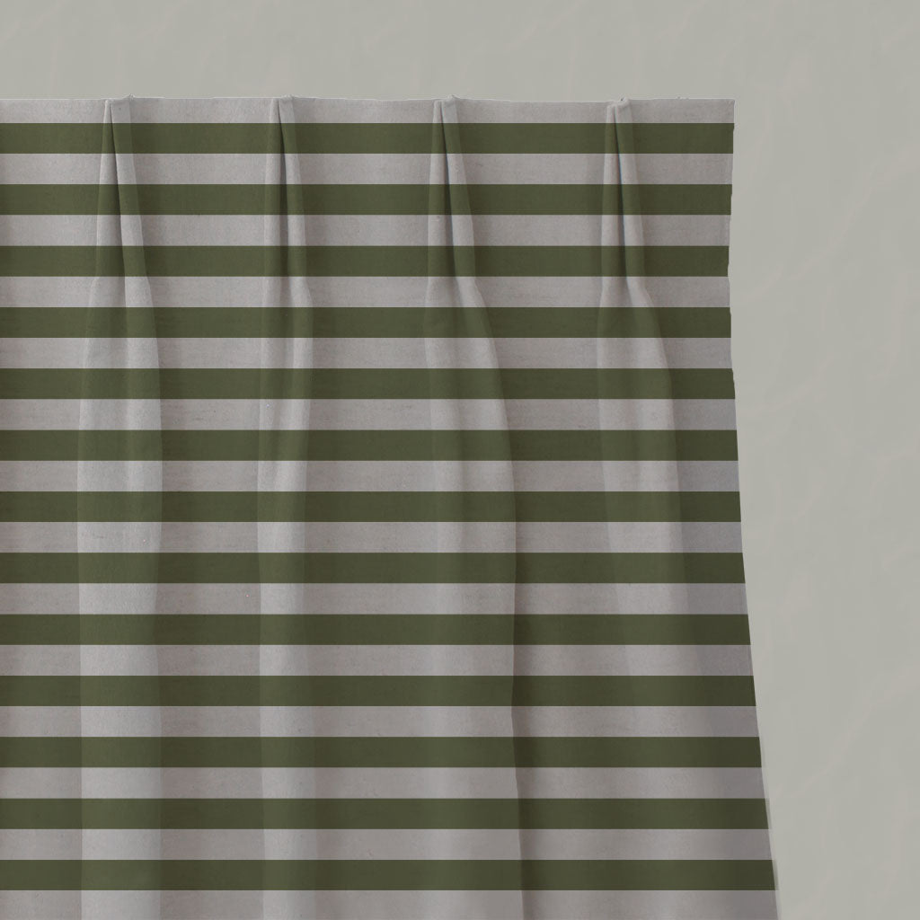 Green Striped Linen Pleated Curtains - Della Khaki - Natural base fabric.
