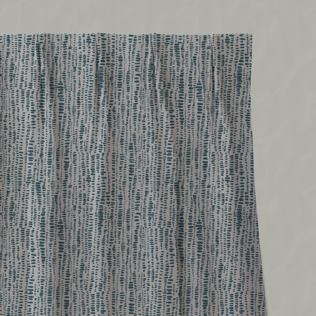 Blue Patterned Linen Pleated Curtains - Dora Blue Stone - Natural base fabric.