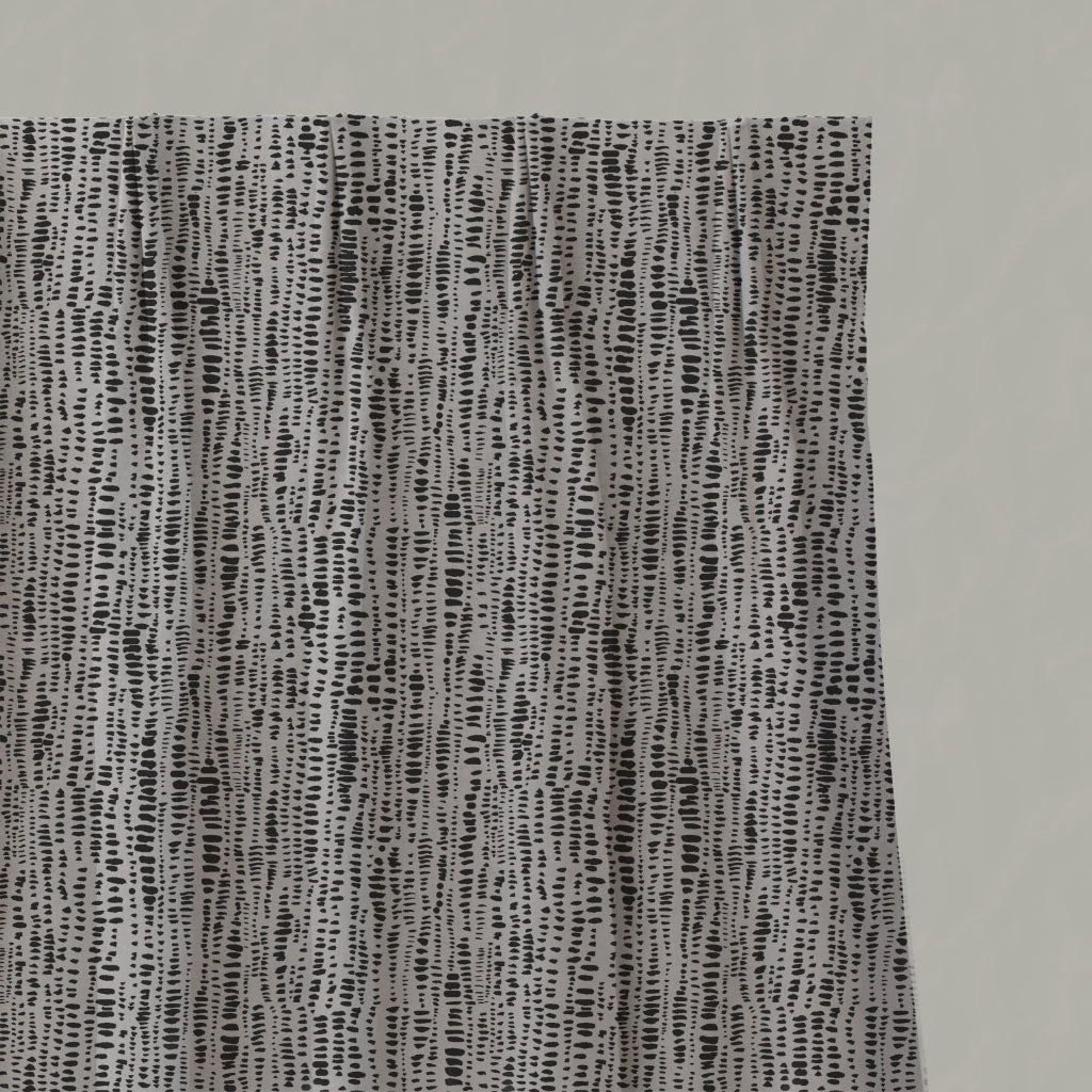 Black Patterned Linen Pleated Curtains - Dora Noir - Natural base fabric.