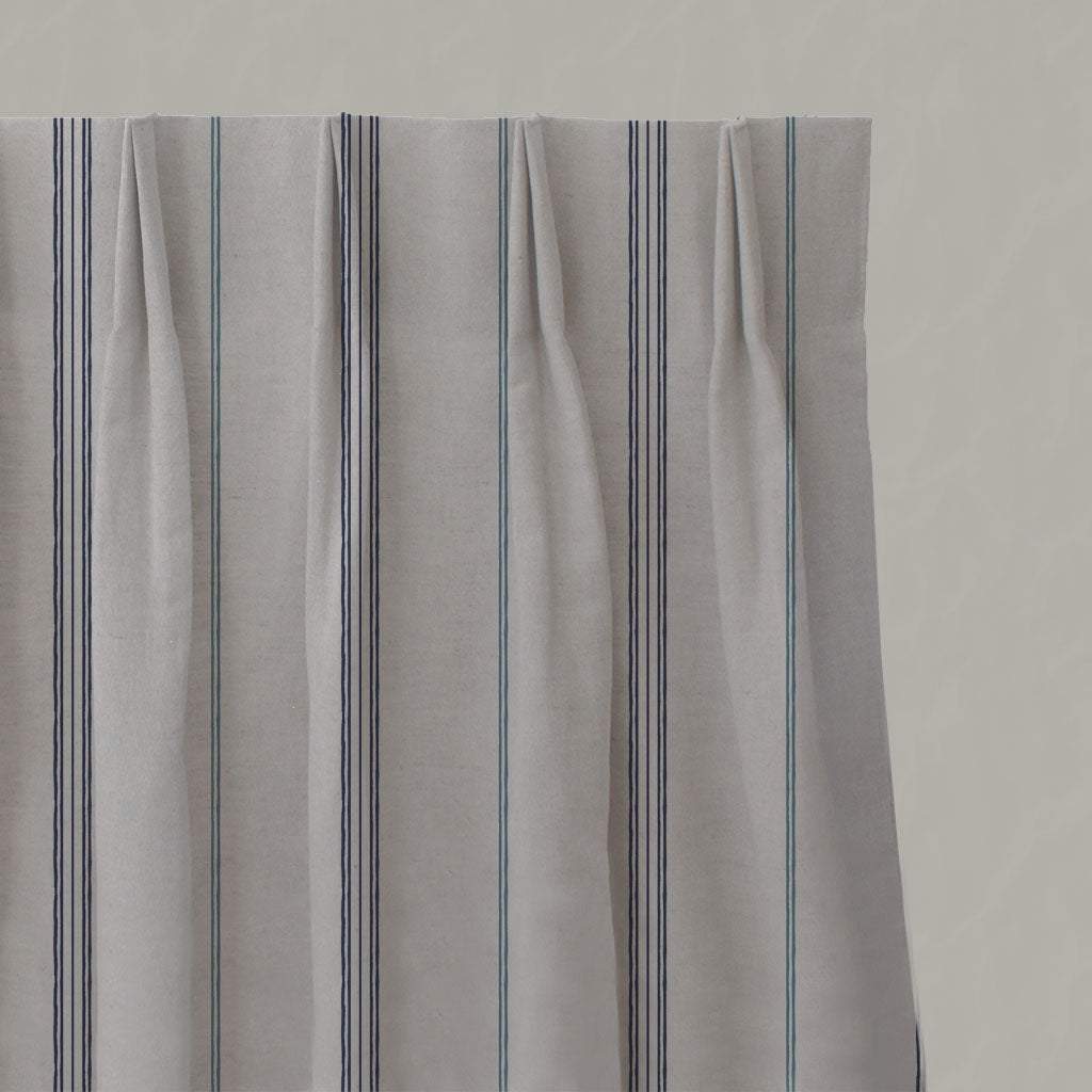 Blue Striped Linen Pleated Curtains - Elise Deep Blue - Natural base fabric.