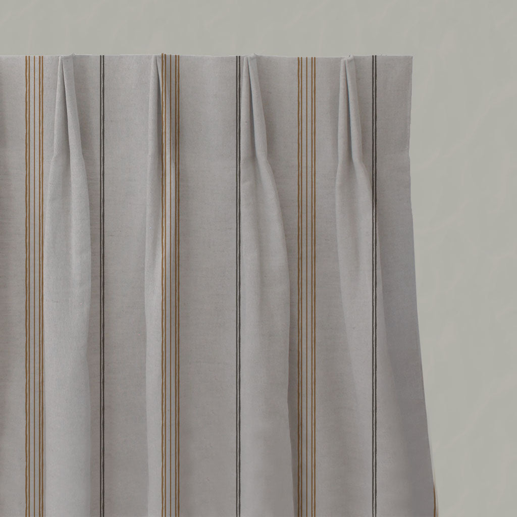 Orange / Yellow Striped Linen Pleated Curtains - Elise Gold Ochre - Natural base fabric.