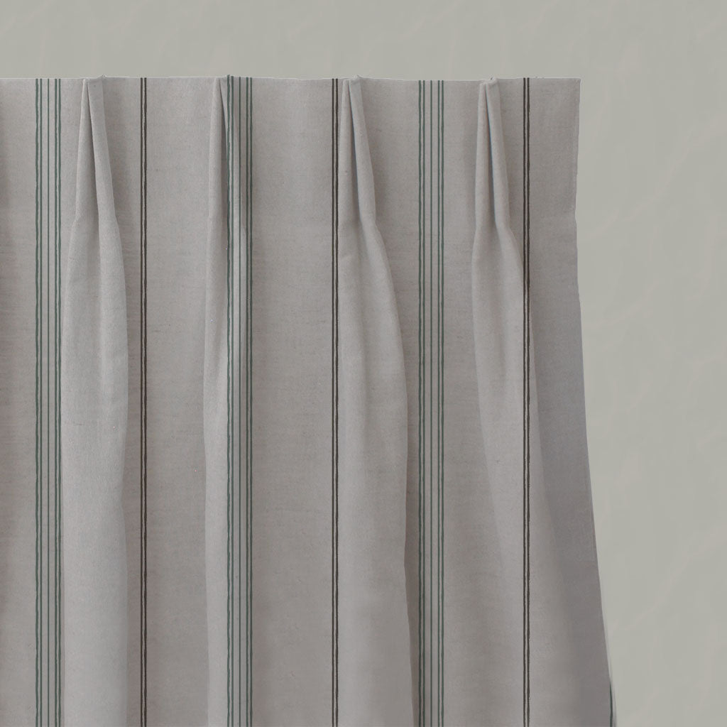 Grey / Green Striped Linen Pleated Curtains - Elise Sage - Natural base fabric.