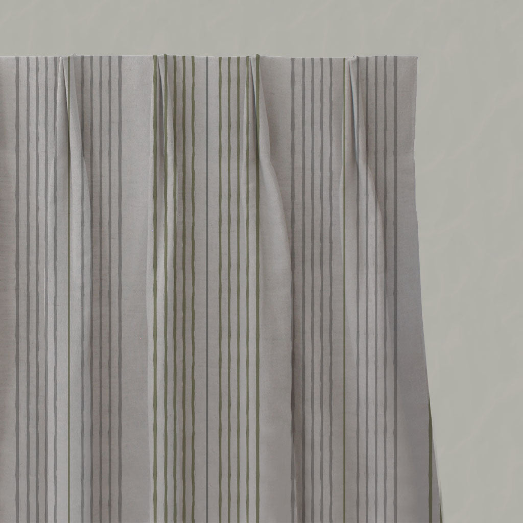Green Striped Linen Pleated Curtains - Else Olive - Natural base fabric.
