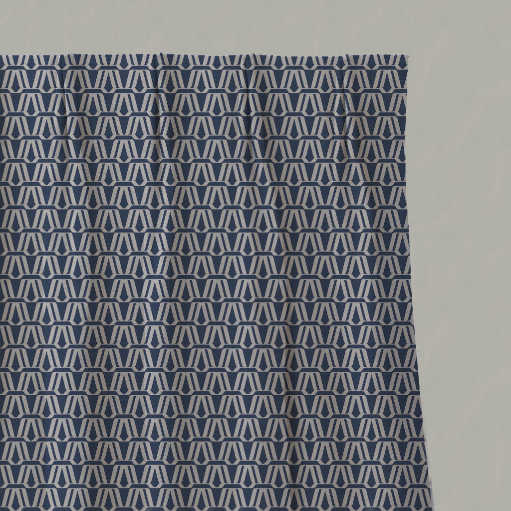 Blue Patterned Linen Pleated Curtains - Elva Night Blue - Natural base fabric.