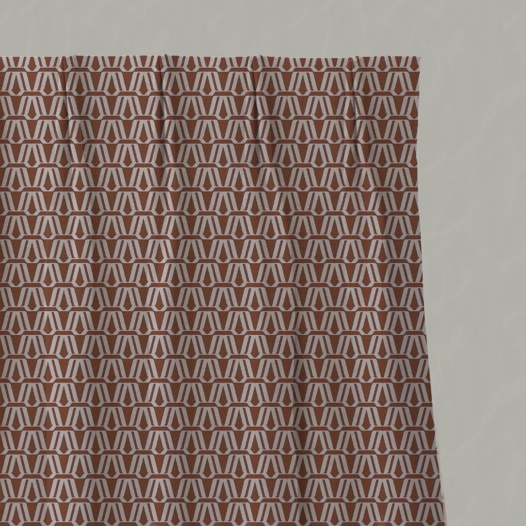 Red / Orange Patterned Linen Pleated Curtains - Elva Terracotta - Natural base fabric.