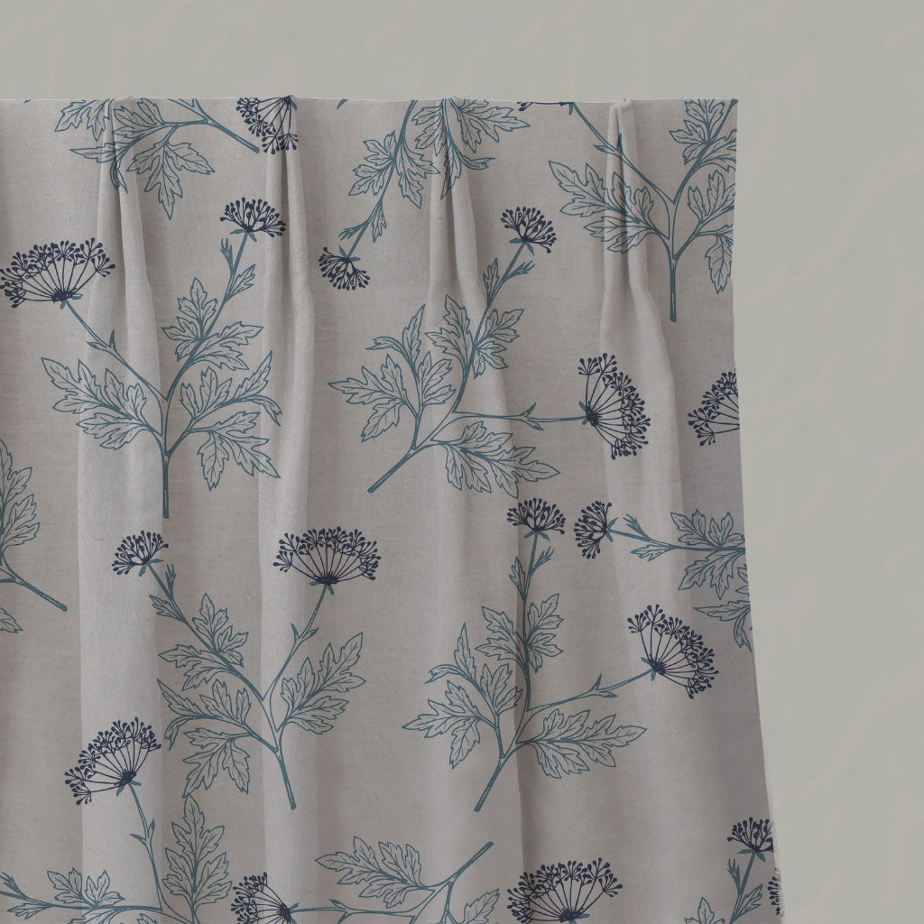 Blue Botanical Linen Pleated Curtains - Emmy True Blue - Natural base fabric.