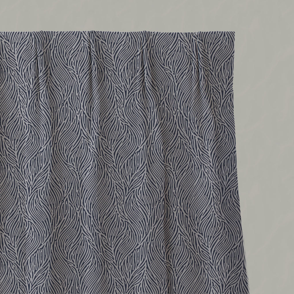 Blue Botanical Linen Pleated Curtains - Erica Deep Blue - Natural base fabric.