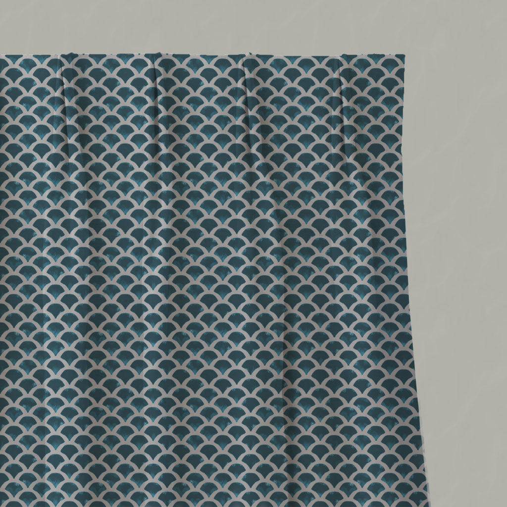 Blue Patterned Linen Pleated Curtains - Erle Blue Stone - Natural base fabric.