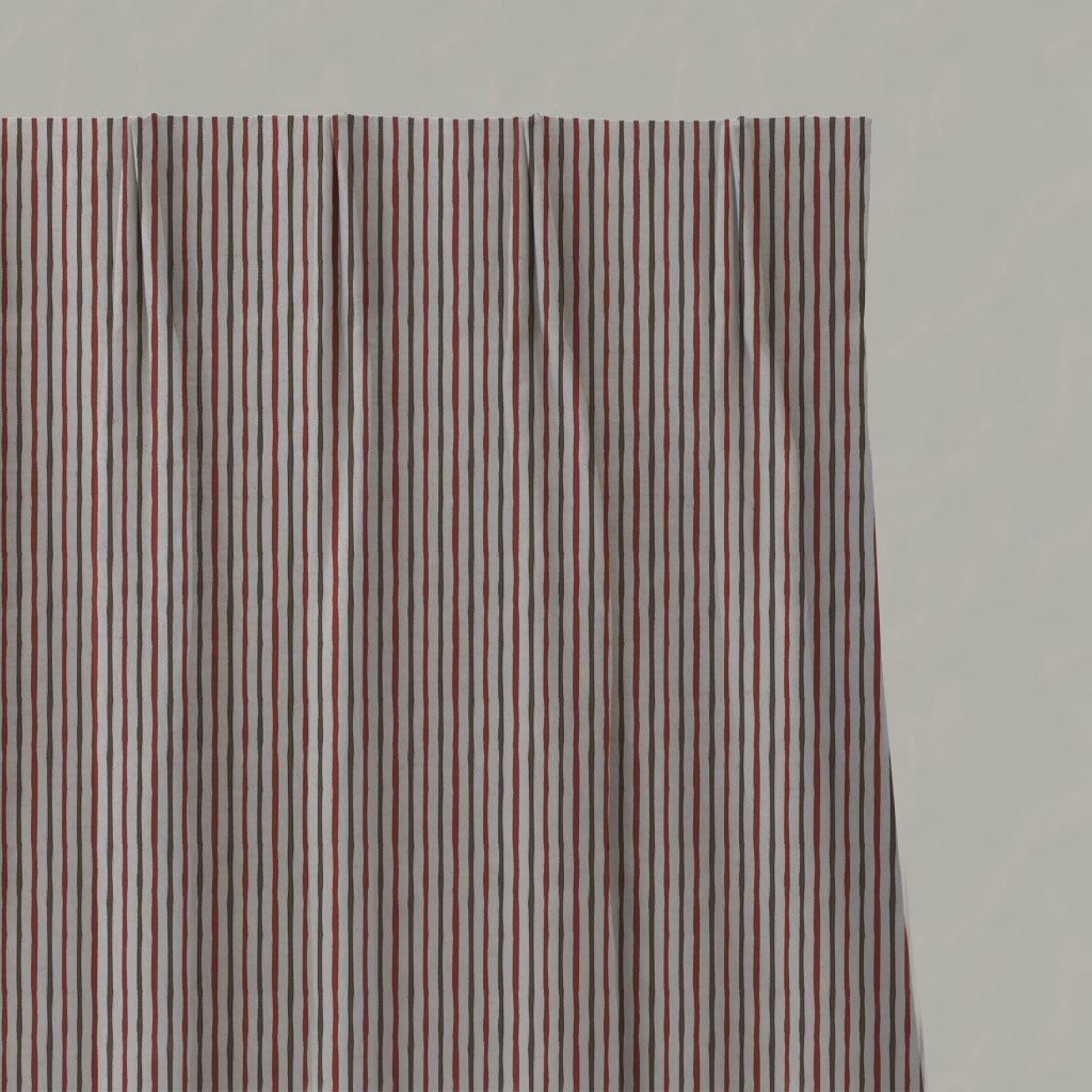 Red / Brown Striped Linen Pleated Curtains - Evelina Crimson Red - Natural base fabric.